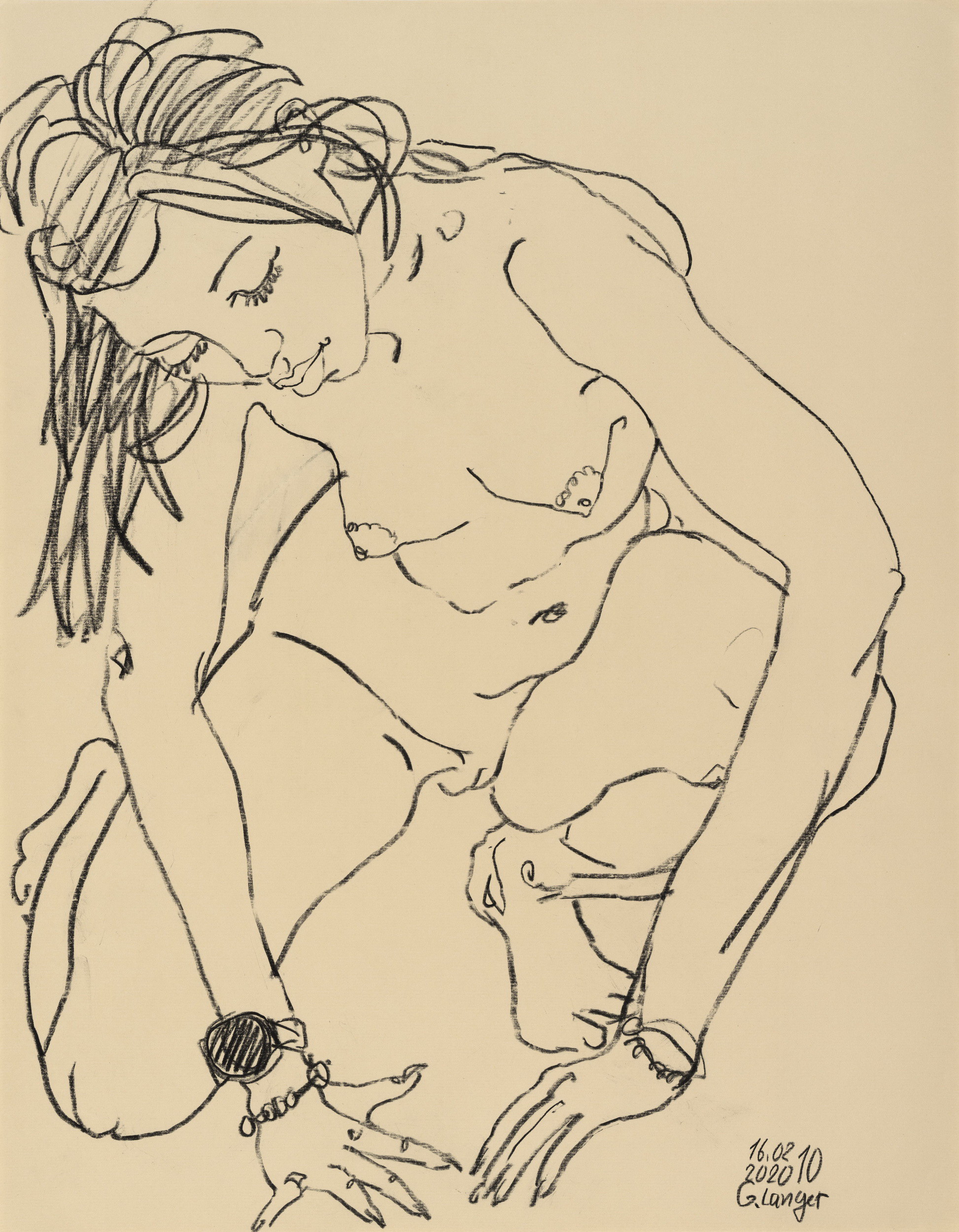 Gunter Langer, Kniender Mädchenakt nach vorn gebeugt, 2020, Achatpapier, 63 x 49 cm
